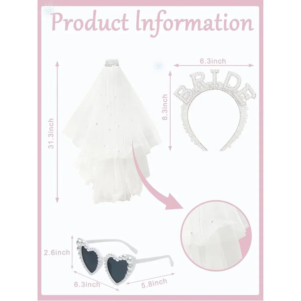 Pearl Bride Headband with Veil Heart Shaped Pearl Sunglasses for Wedding